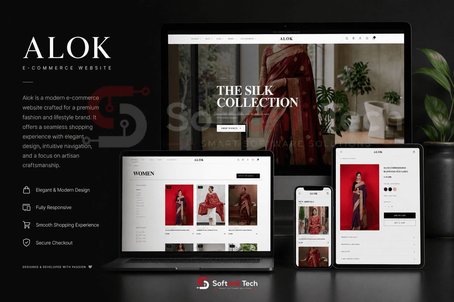 Alok — premium fashion and lifestyle e-commerce website shown on desktop, laptop, tablet and phone