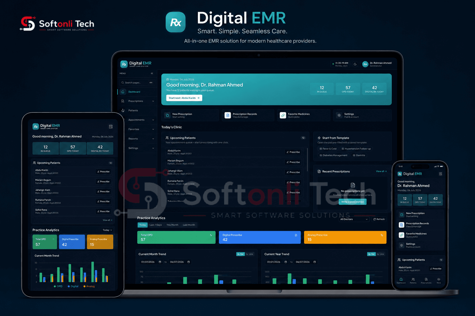 Digital EMR — all-in-one clinic and prescription management system shown on laptop, tablet and phone